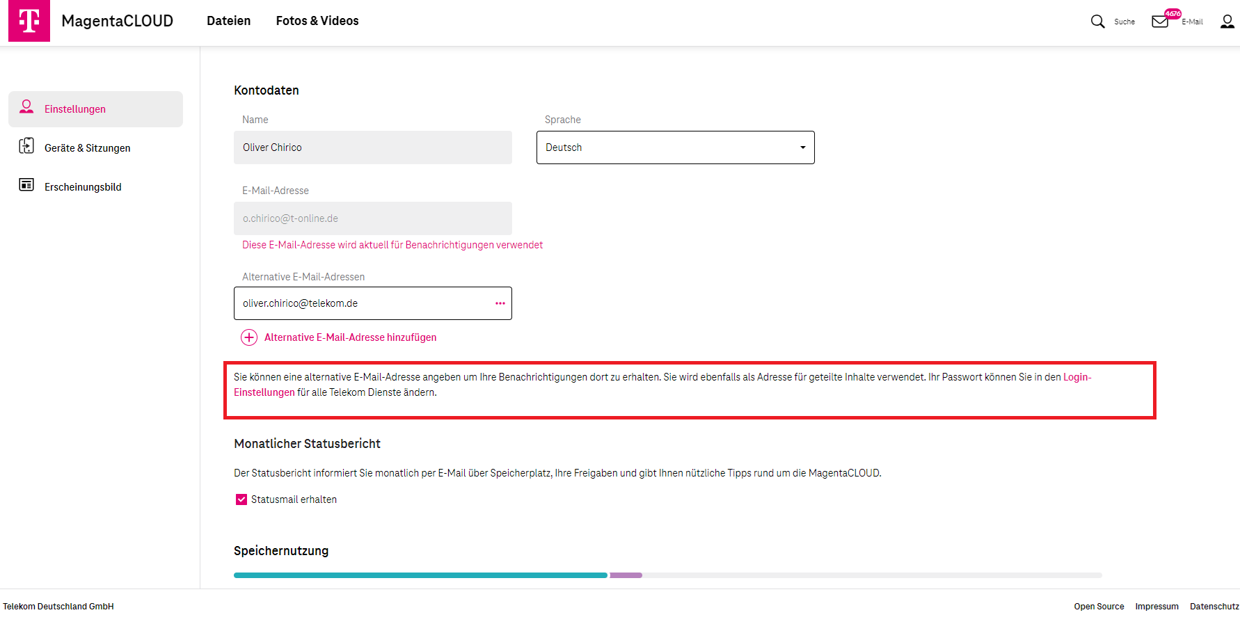 Screenshot aus der MagentaCloud Anwendung: MagentaCLOUD Datenschutz Zwei-Faktor-Authentifizierung-Schritt-2